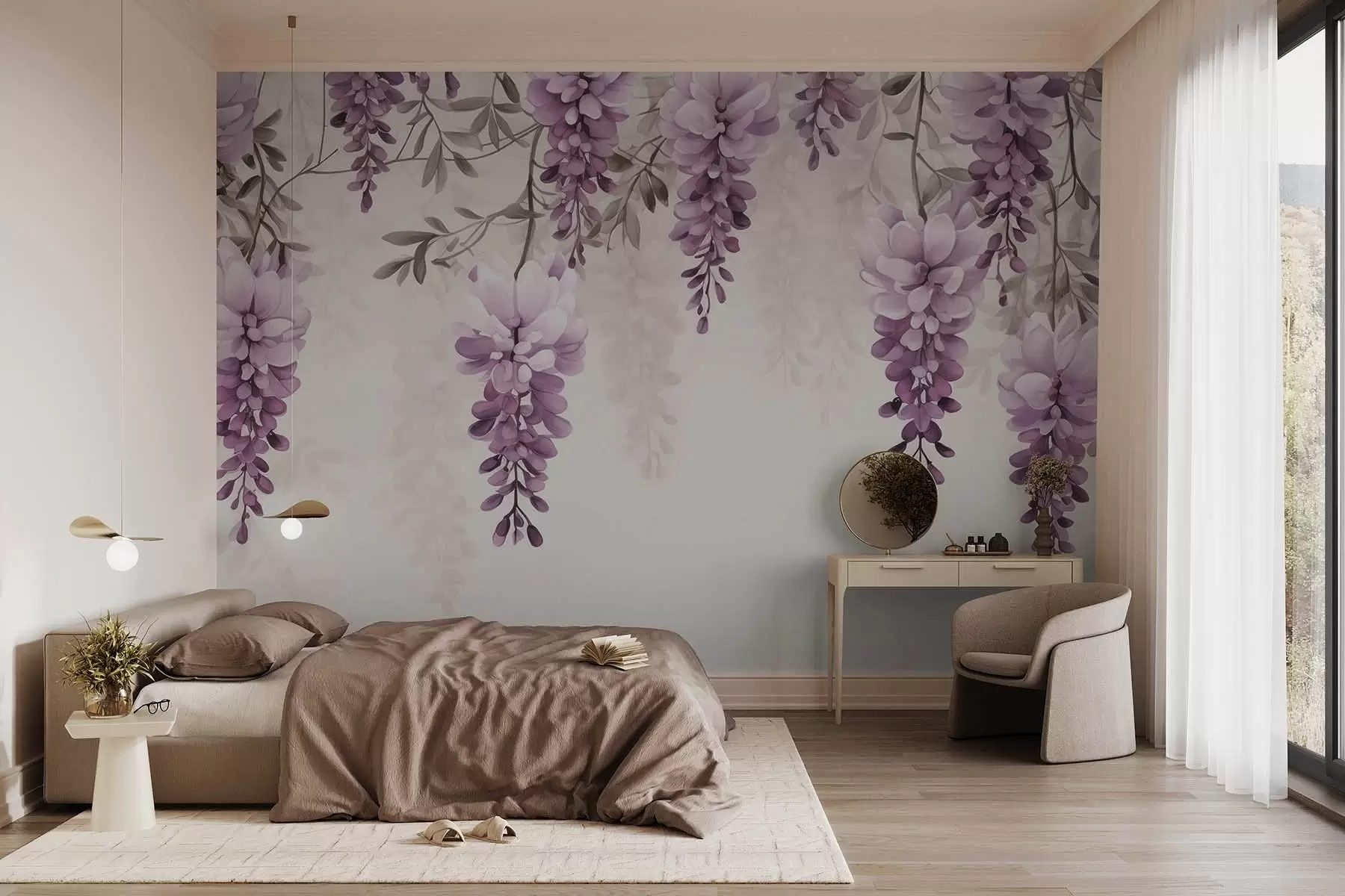 wall murals Нежне, велике гране лаванде висе на зиду, имитација акварела w09690