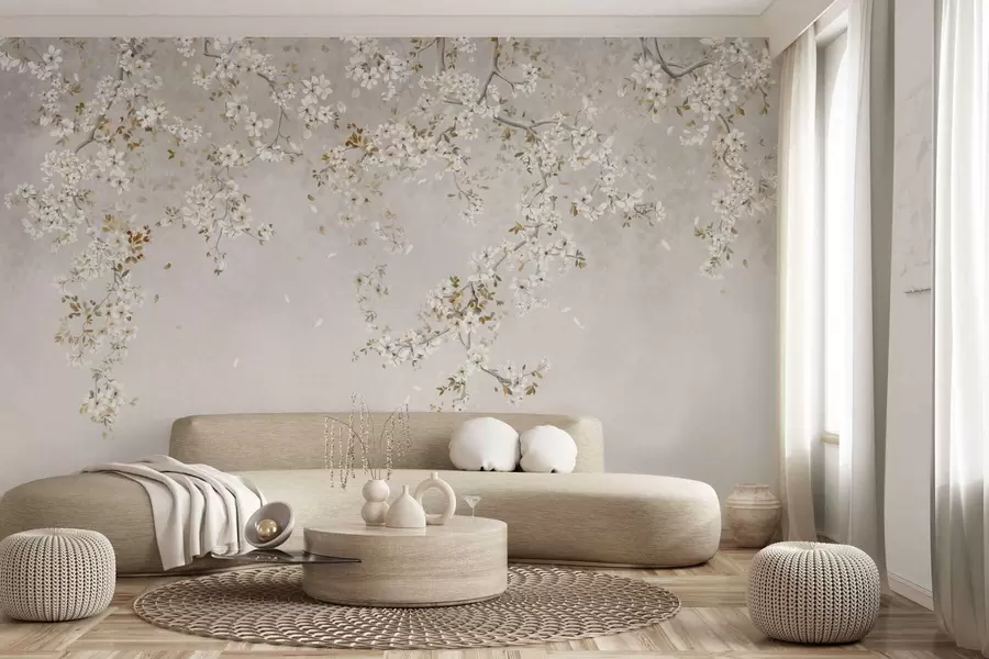 wall murals Гране са белим цветовима на мекој беж позадини w05129