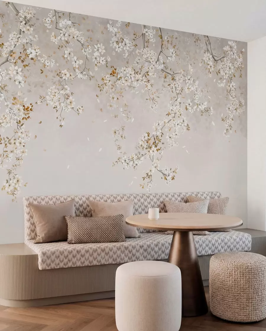 wall murals Гране са белим цветовима на мекој беж позадини w05129