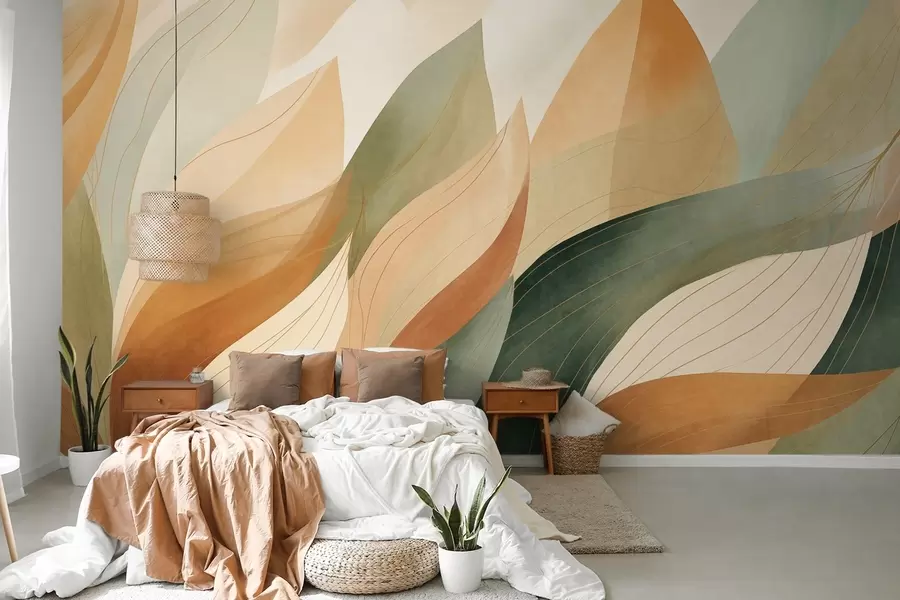 wall murals Апстрактно лишће, пригушени земљани тонови зелене, наранџасте са нежним линијским детаљима, мека текстура акварела w09736