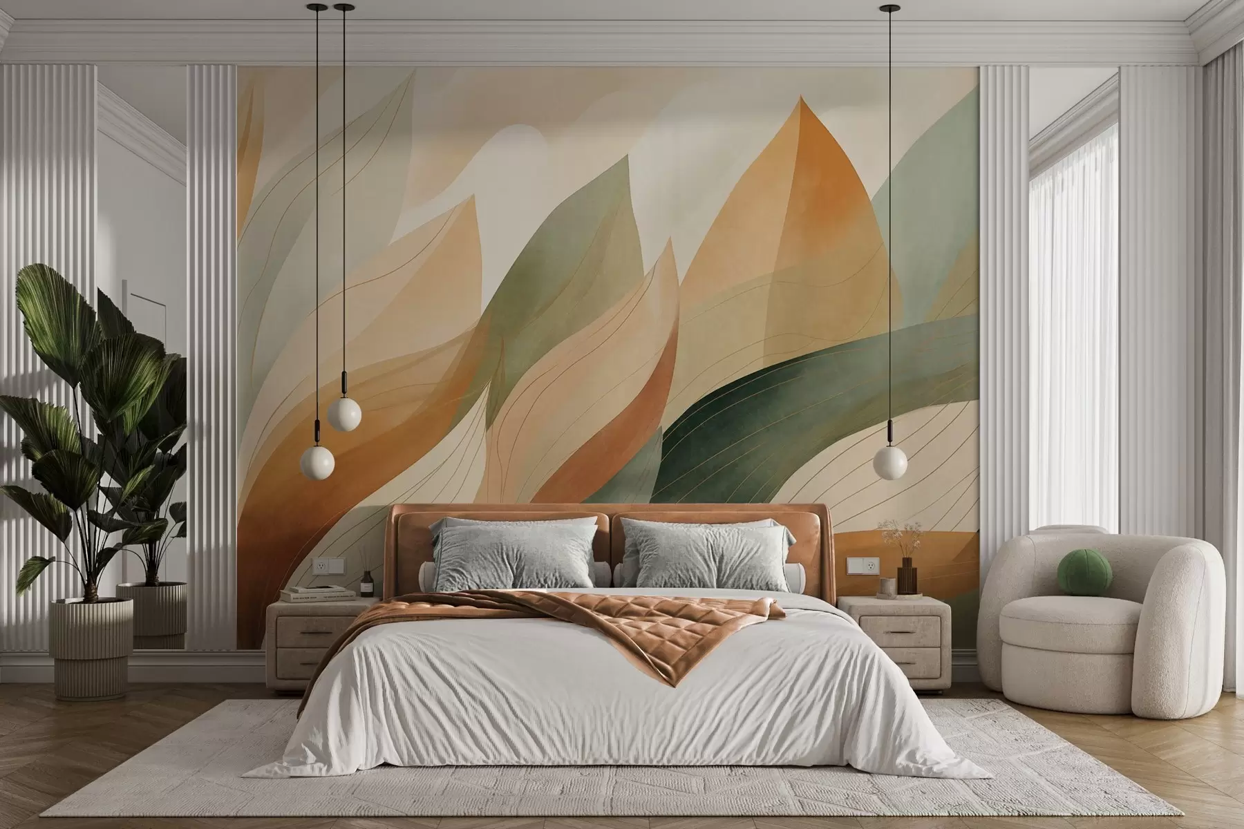 wall murals Апстрактно лишће, пригушени земљани тонови зелене, наранџасте са нежним линијским детаљима, мека текстура акварела w09736