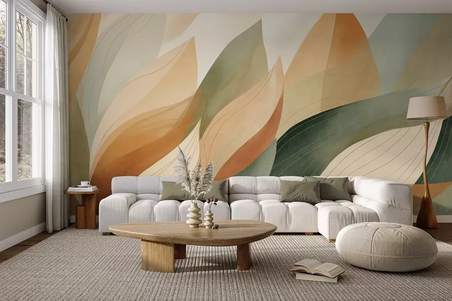 wall murals Апстрактно лишће, пригушени земљани тонови зелене, наранџасте са нежним линијским детаљима, мека текстура акварела w09736