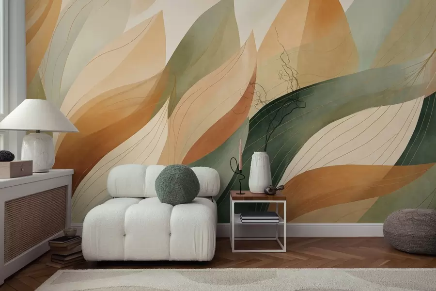 wall murals Апстрактно лишће, пригушени земљани тонови зелене, наранџасте са нежним линијским детаљима, мека текстура акварела w09736