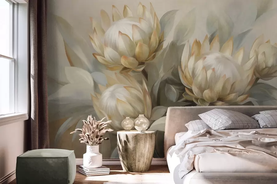 wall murals Текстурирани цветови протеје са зеленим листовима и меком, замућеном позадином w09738