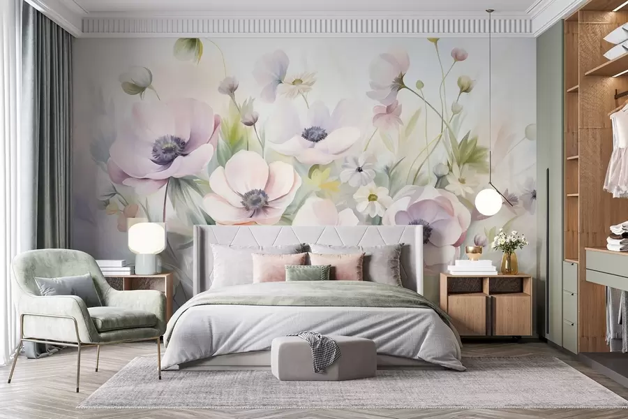 wall murals Поље пастелно ружичастих и белих цветова анемона, зеленог лишћа и малих белих тратинчица w09742