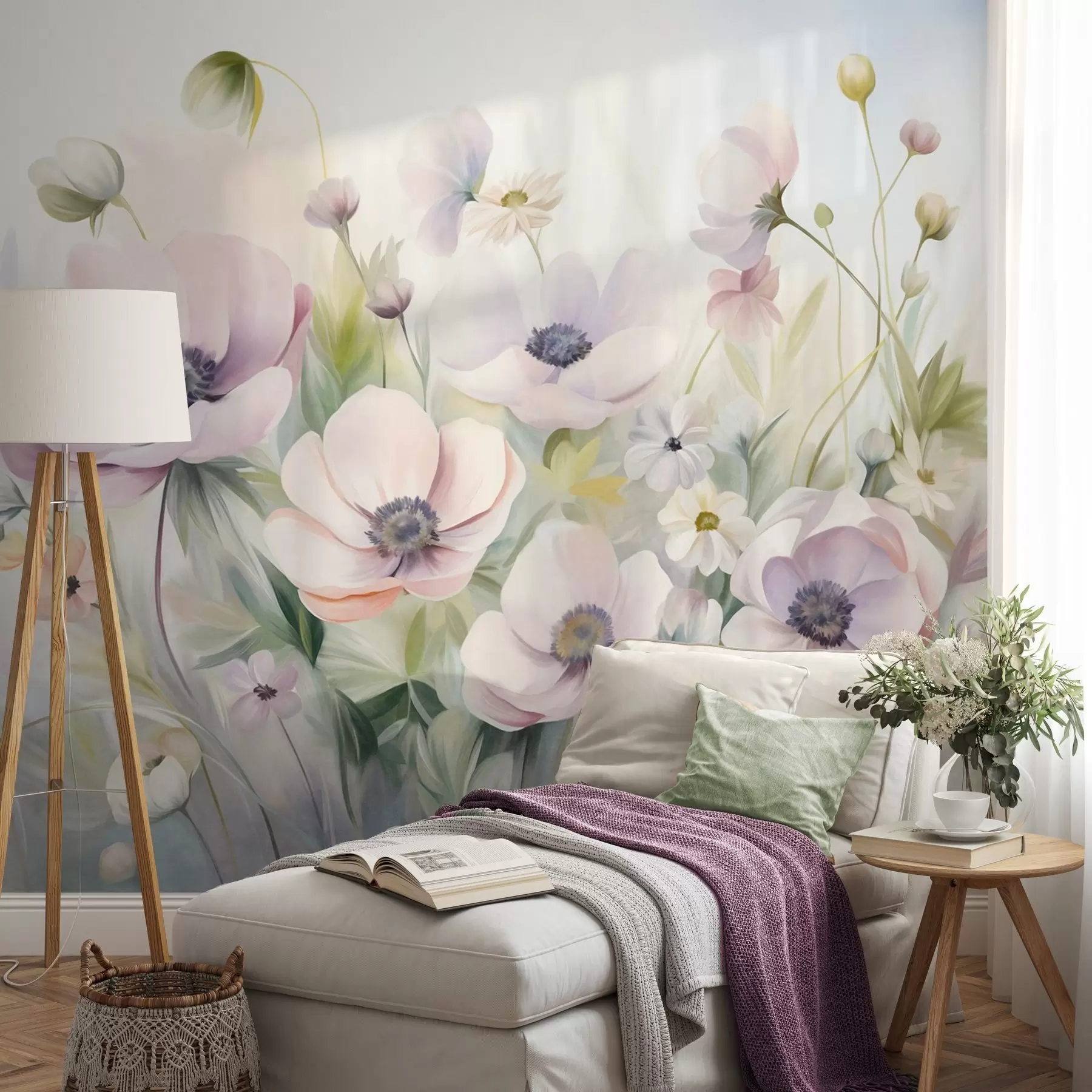 wall murals Поље пастелно ружичастих и белих цветова анемона, зеленог лишћа и малих белих тратинчица w09742