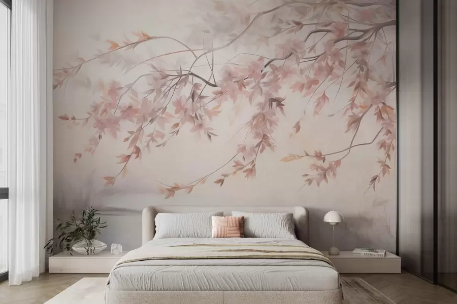 wall murals Текстурирани пејзаж са граном цвета трешње, ружичастим листовима, меком, магловитом позадином w09743