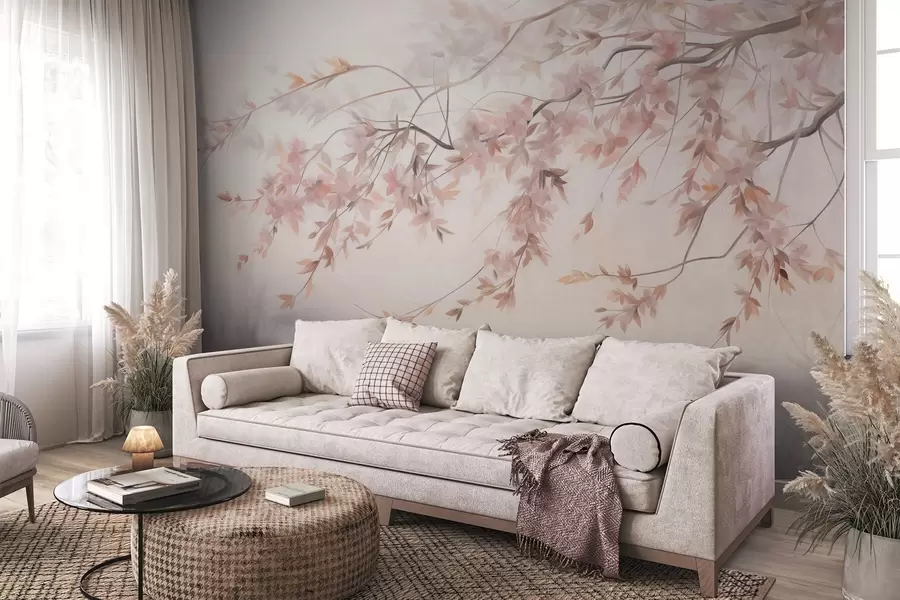 wall murals Текстурирани пејзаж са граном цвета трешње, ружичастим листовима, меком, магловитом позадином w09743