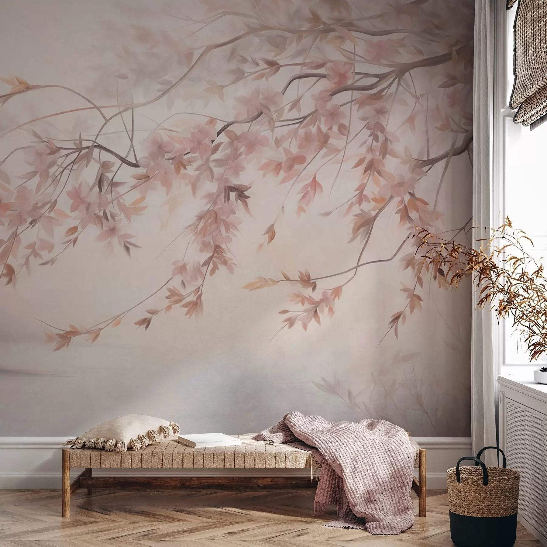wall murals Текстурирани пејзаж са граном цвета трешње, ружичастим листовима, меком, магловитом позадином w09743