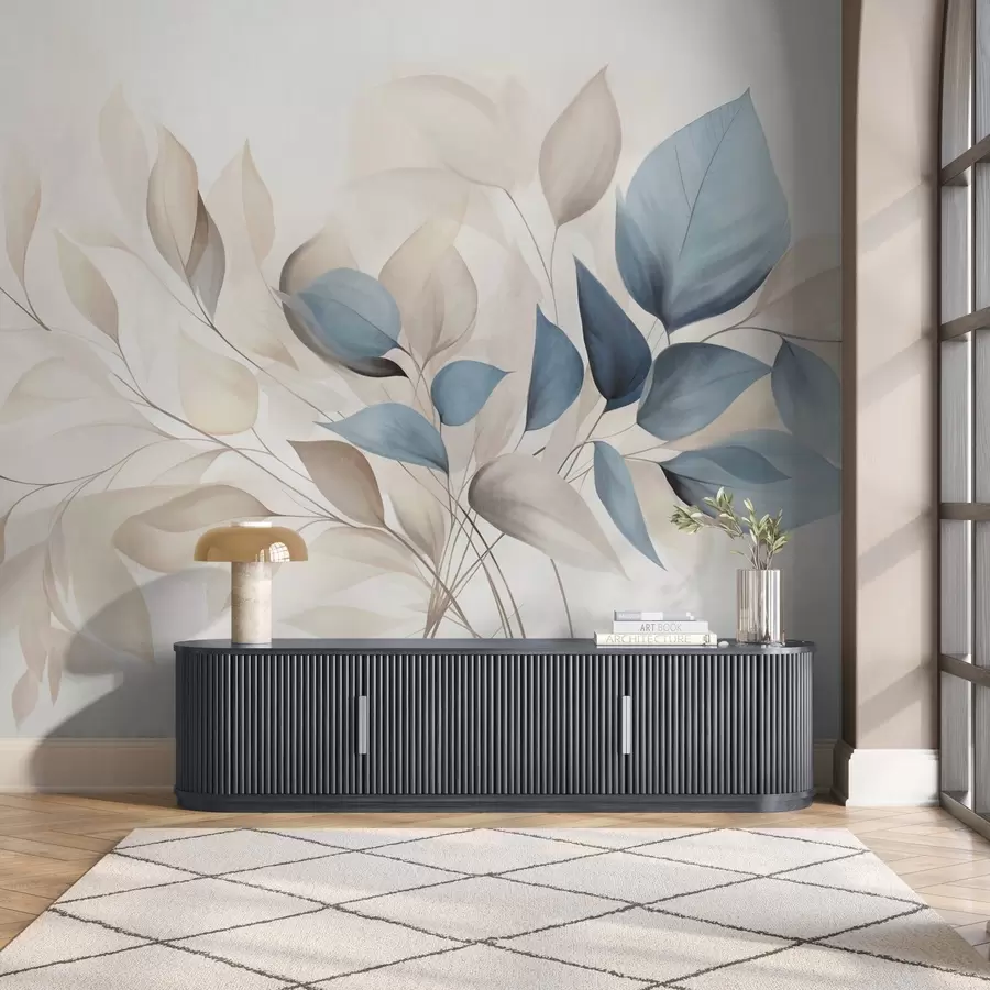 wall murals Апстрактни провидни листови у нијансама плаве, беж и кремасте, текстурирана уметност w09744