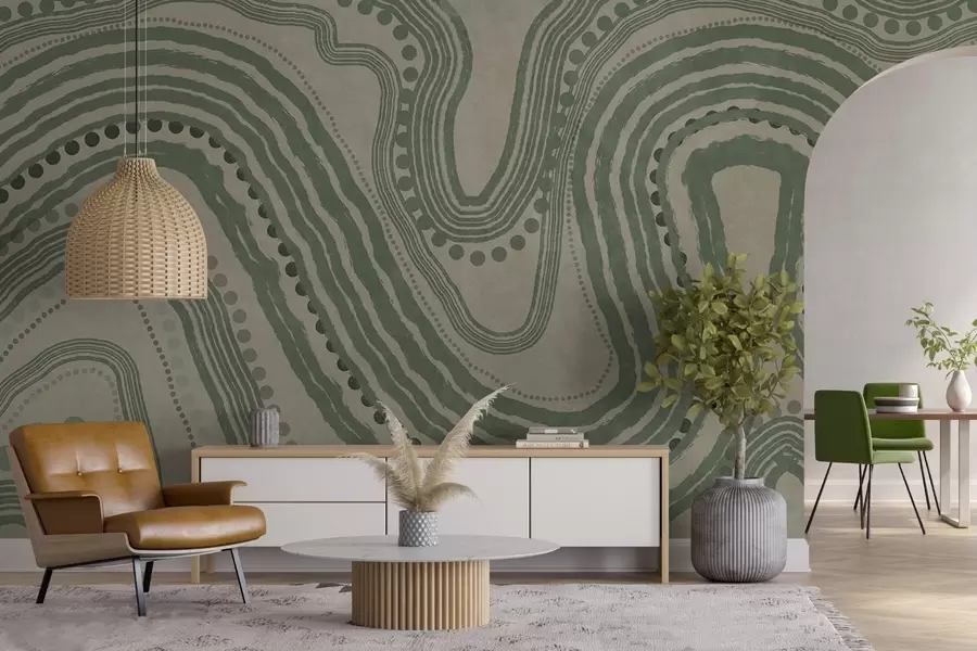 wall murals Апстрактне зелене и беж таласасте линије и тачке, модерна текстурирана уметност w09747