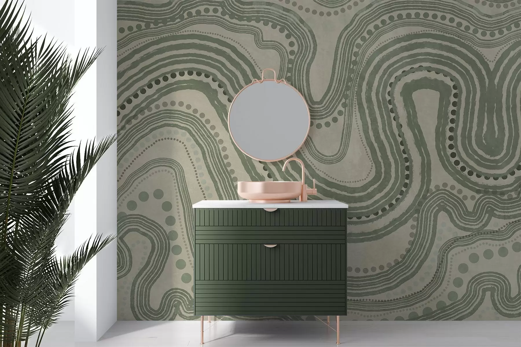 wall murals Апстрактне зелене и беж таласасте линије и тачке, модерна текстурирана уметност w09747