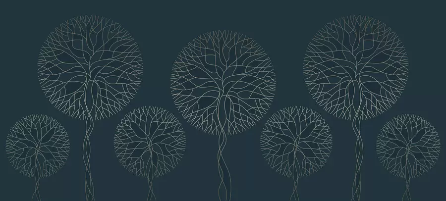 wall murals Фантазијско линеарно дрвеће са бујним крунама у елегантним тамним смарагдним тоновима w05213