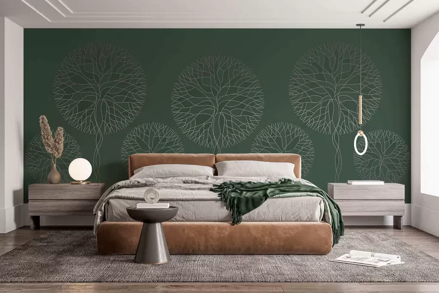 wall murals Фантазијско линеарно дрвеће са бујним крунама у елегантним тамнозеленим тоновима w05213v2