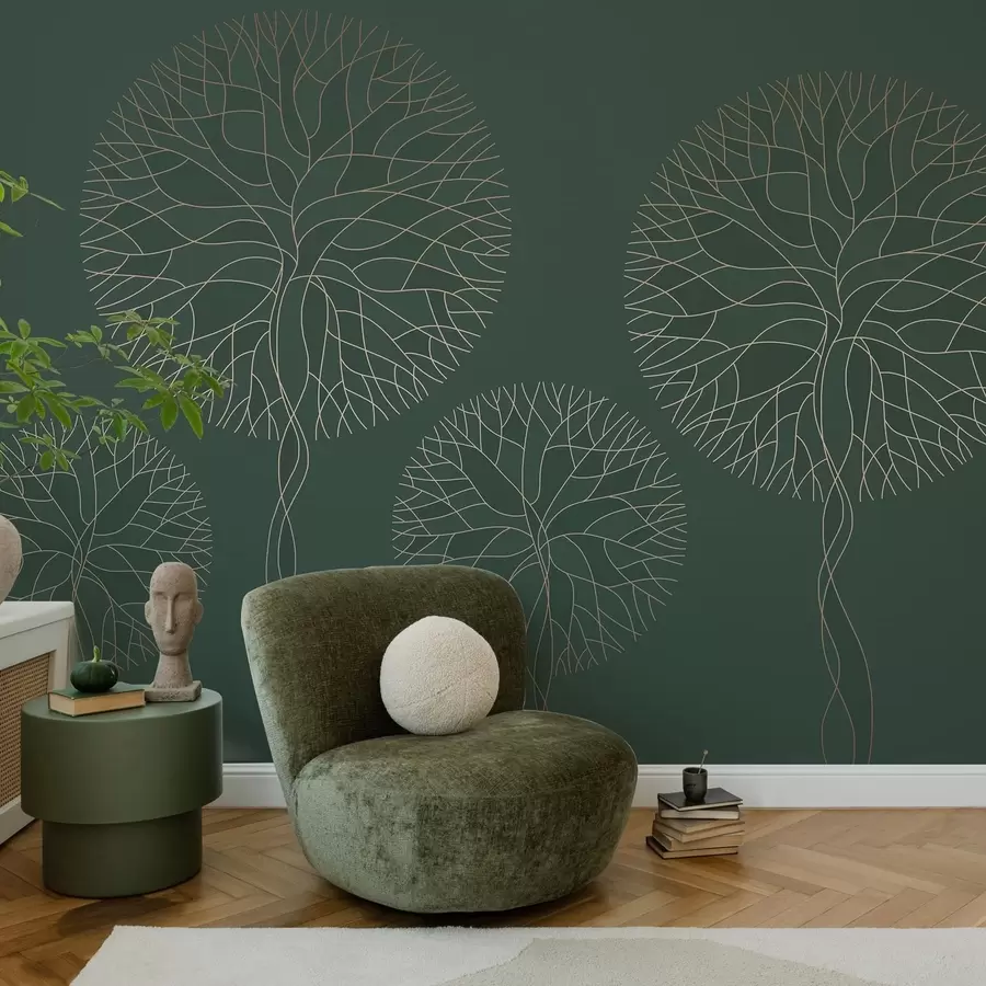 wall murals Фантазијско линеарно дрвеће са бујним крунама у елегантним тамнозеленим тоновима w05213v2