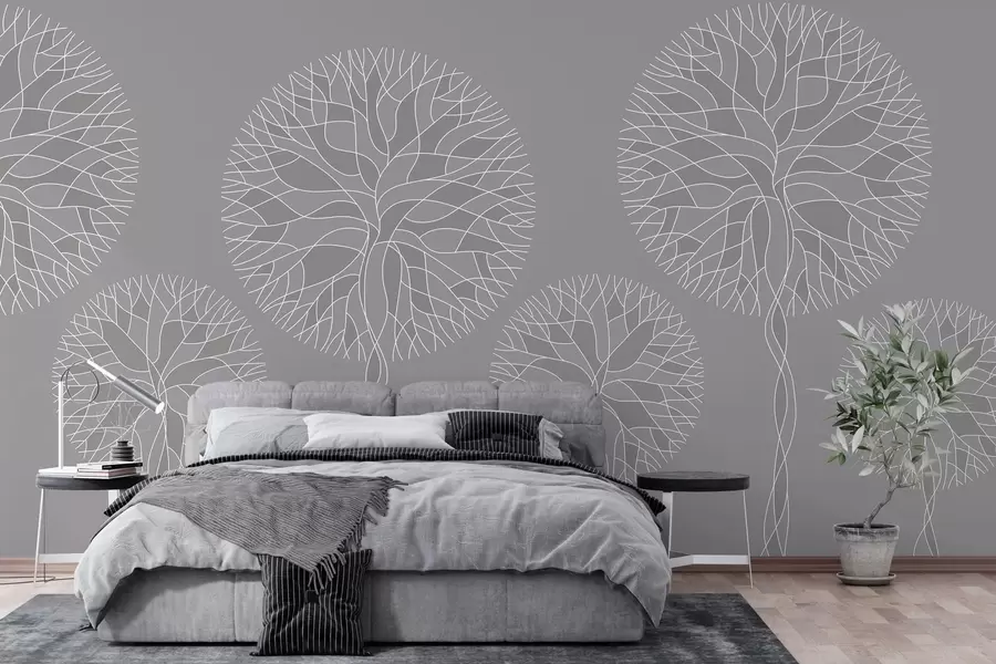 wall murals Фантазијско линеарно дрвеће са бујним крошњама у средње сивим тоновима w05213v5
