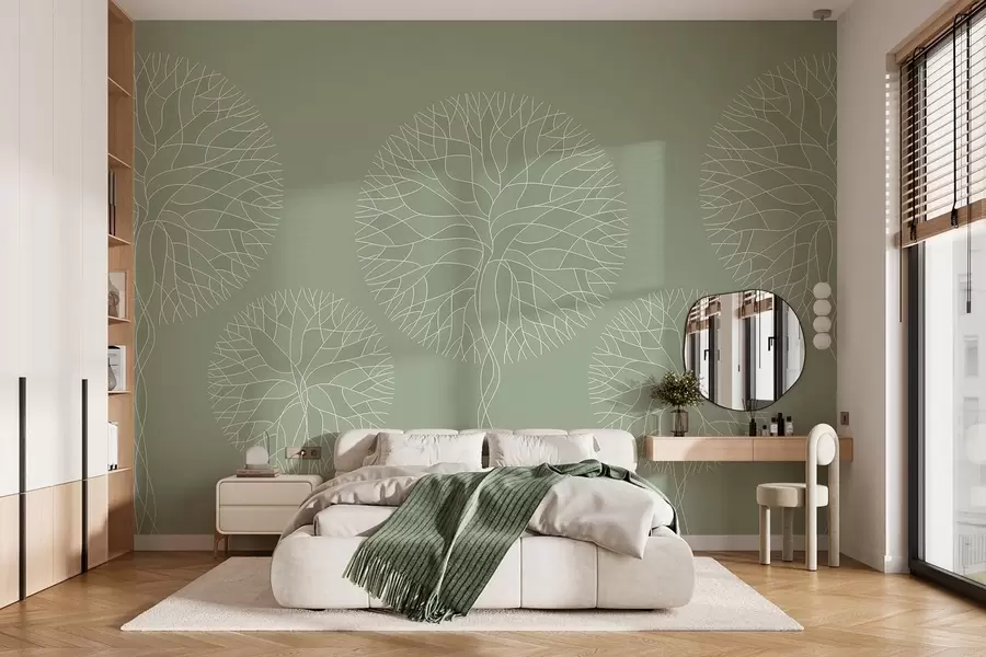 wall murals Фантазијско линеарно дрвеће са бујним крунама у светлозеленим тоновима w05213v6