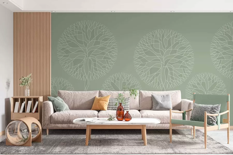 wall murals Фантазијско линеарно дрвеће са бујним крунама у светлозеленим тоновима w05213v6