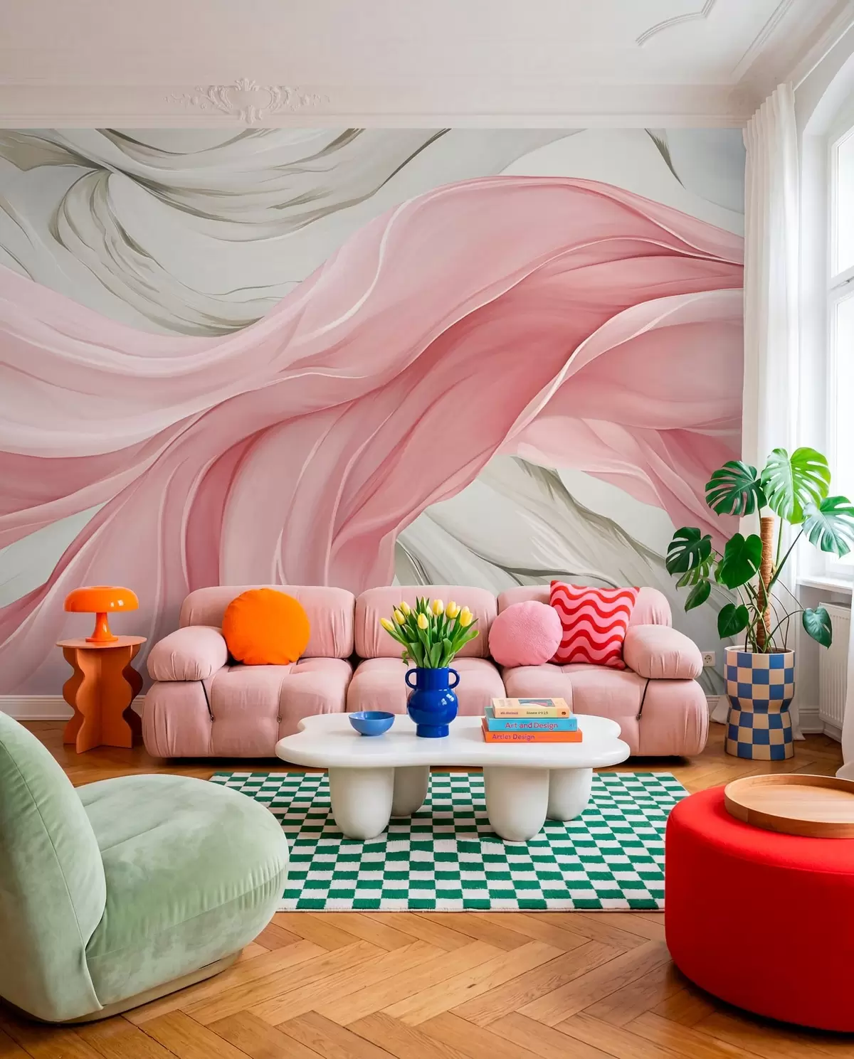 wall murals Таласи од текуће ружичасте тканине w05152v2