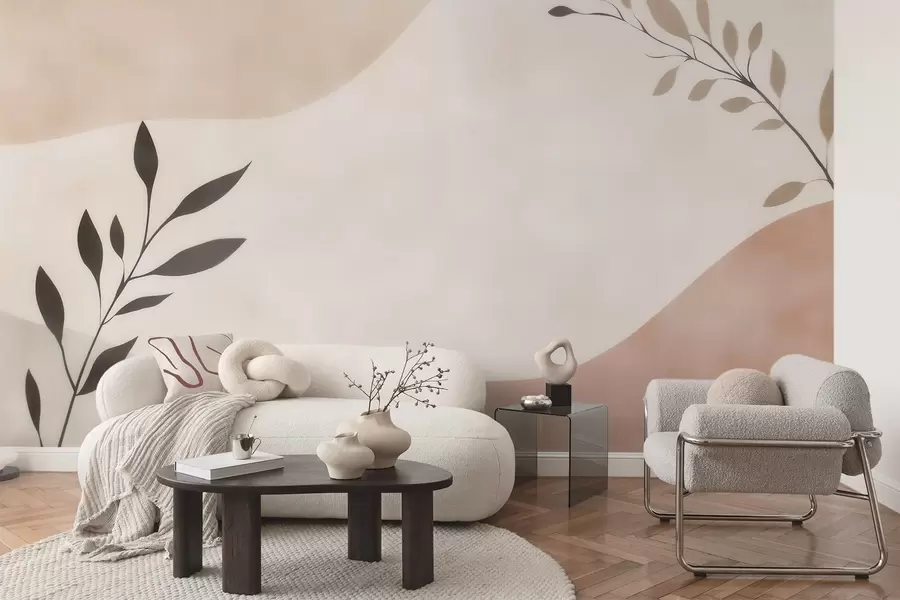 wall murals Апстрактни беж-бресквасти таласи са гранама w09722