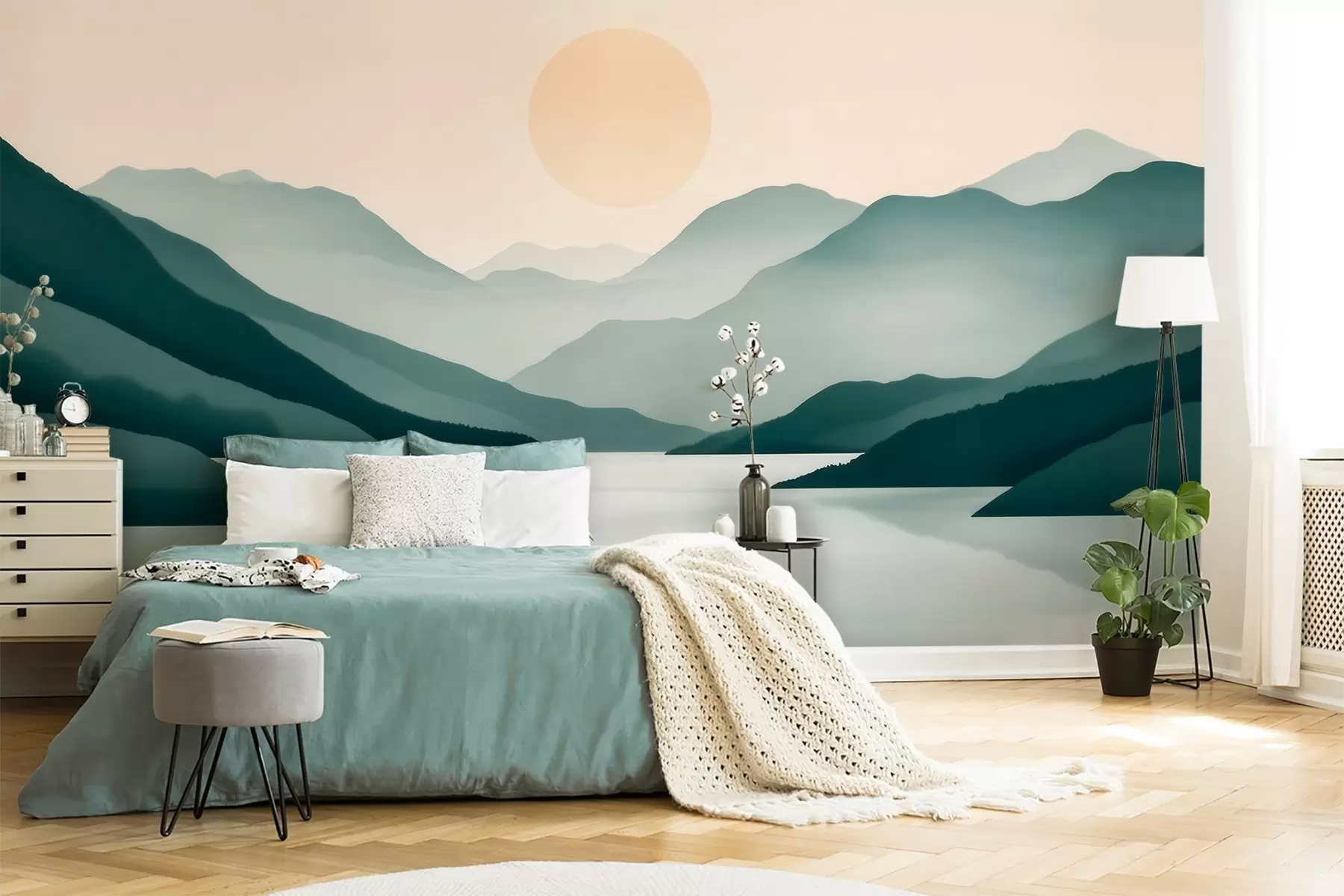 wall murals Тихи планински пејзаж са сунцем изнад језера w09735