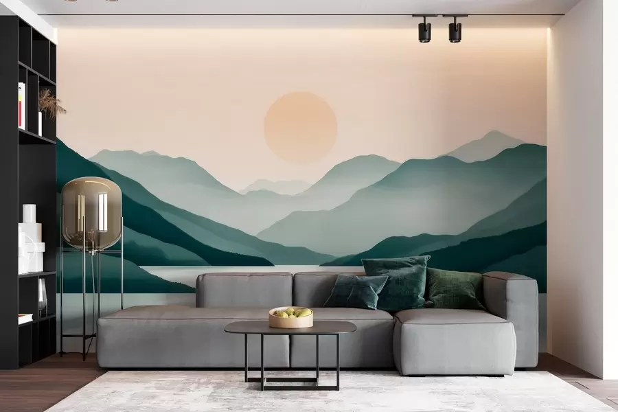 wall murals Тихи планински пејзаж са сунцем изнад језера w09735