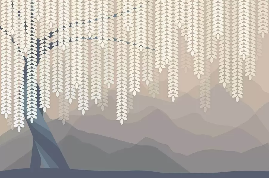 wall murals стилизована врба са висећим лишћем на позадини минималистичких планина у нијансама беж и плаво-зелене w05232