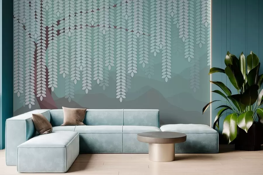 wall murals стилизована врба са висећим лишћем на позадини минималистичких планина у нијансама чоколаде и тиркизне боје w05232v1