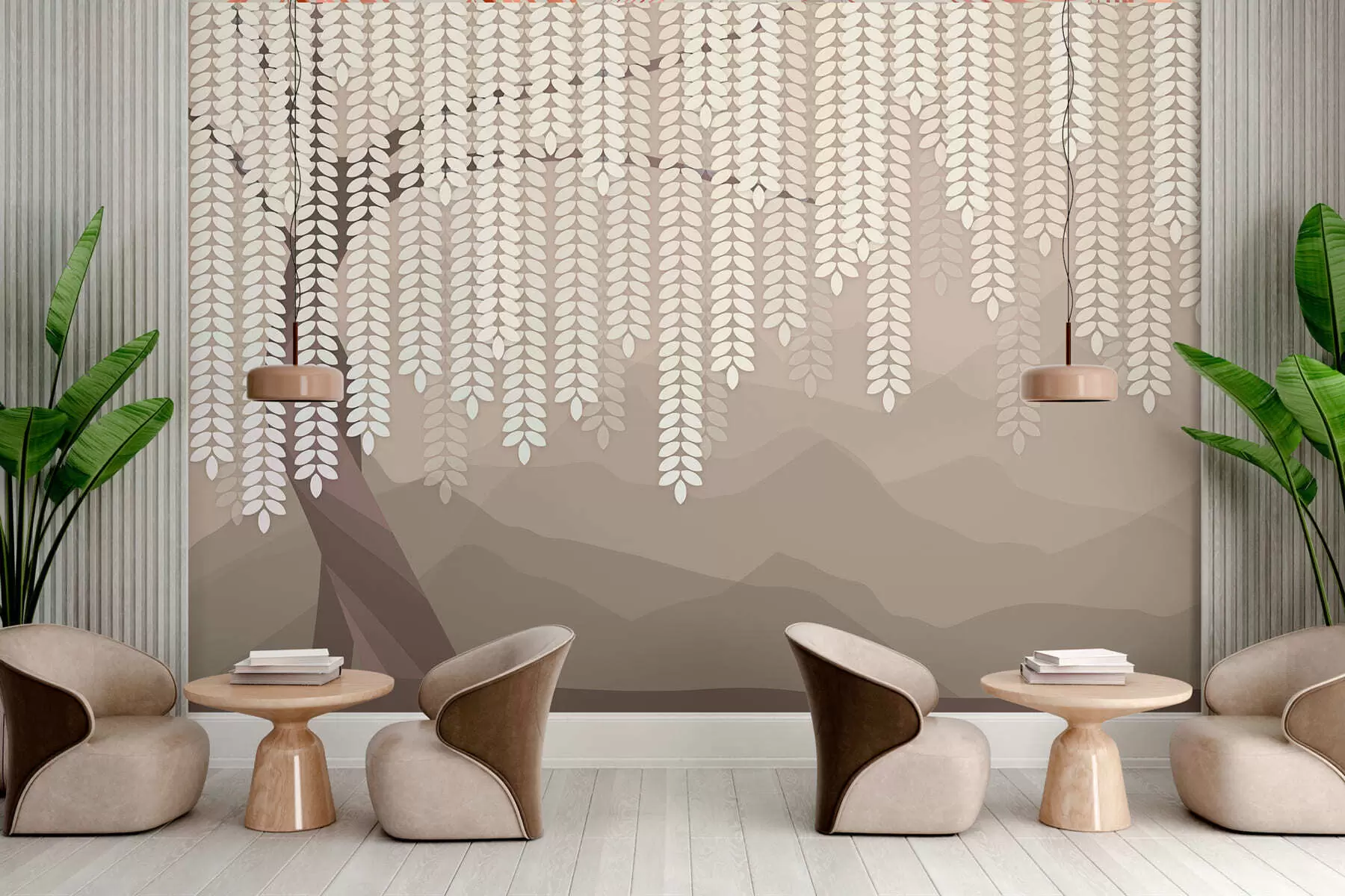 wall murals стилизована врба са висећим лишћем на позадини минималистичких планина у нијансама кафе w05232v2