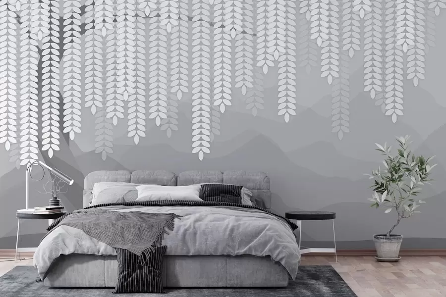 wall murals стилизована врба са висећим лишћем на позадини минималистичких планина у нијансама сиве w05232v3
