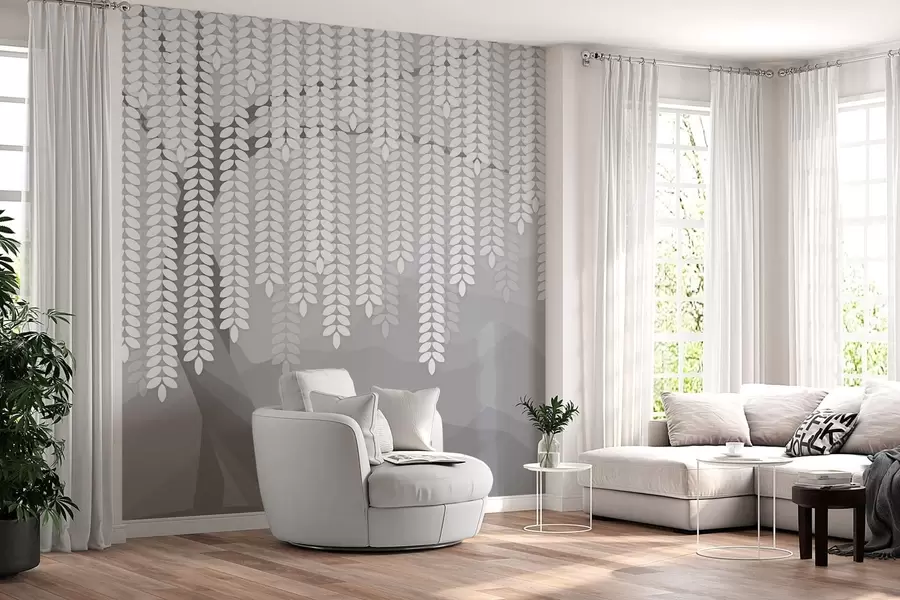 wall murals стилизована врба са висећим лишћем на позадини минималистичких планина у нијансама сиве w05232v3