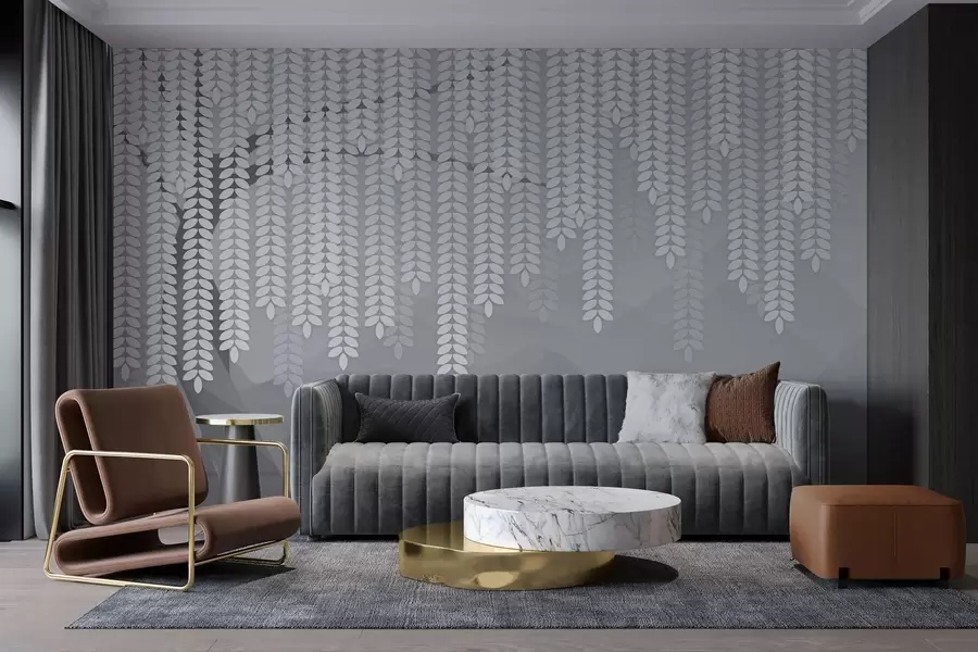 wall murals стилизована врба са висећим лишћем на позадини минималистичких планина у нијансама сиве w05232v3