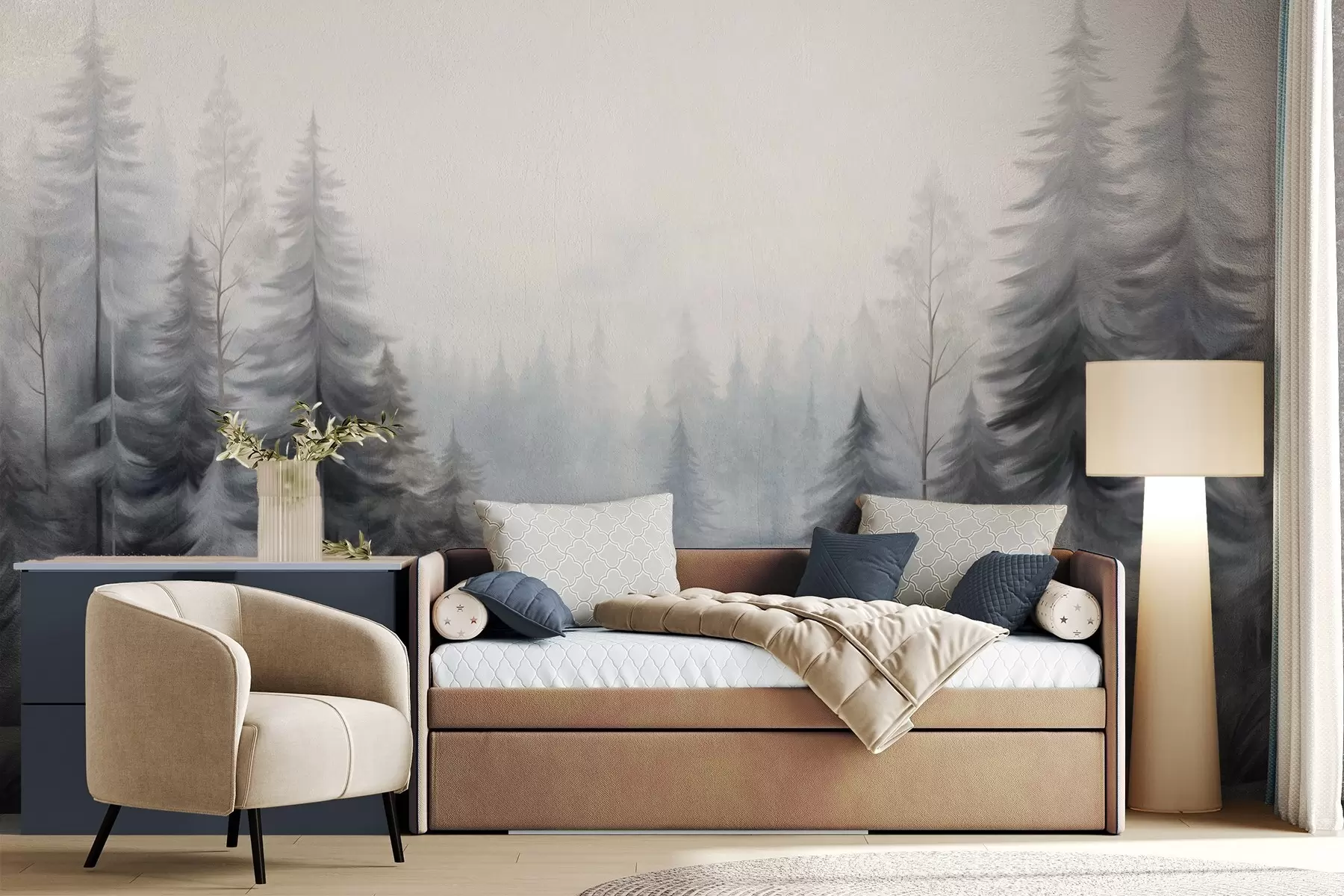 wall murals Текстурирано зимско шумско дрвеће у магли, у пригушеним сивим и белим тоновима w09745