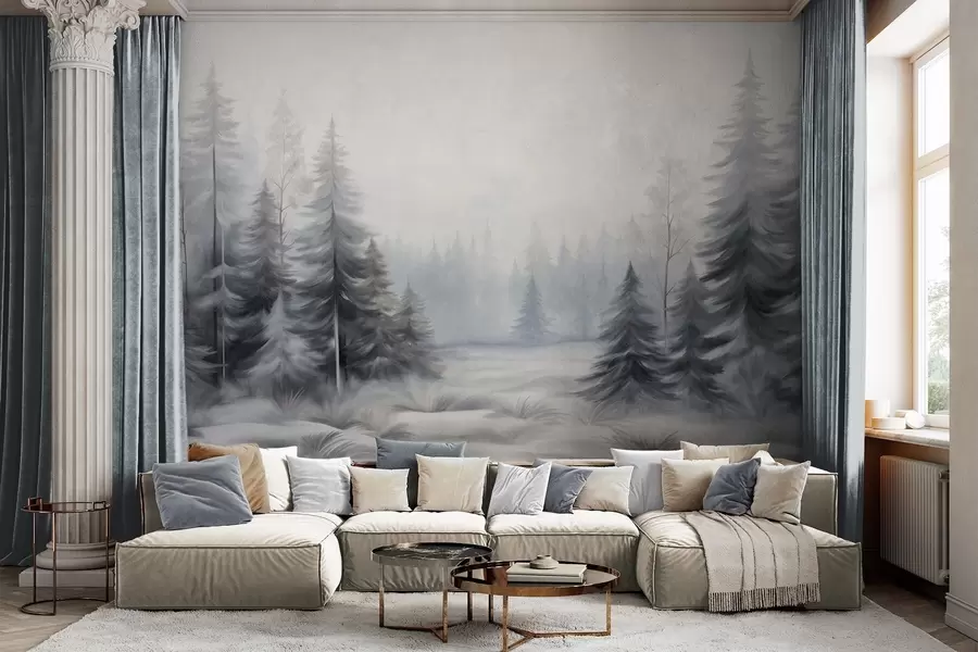 wall murals Текстурирано зимско шумско дрвеће у магли, у пригушеним сивим и белим тоновима w09745