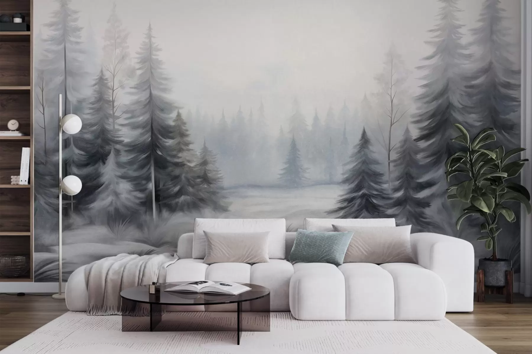 wall murals Текстурирано зимско шумско дрвеће у магли, у пригушеним сивим и белим тоновима w09745