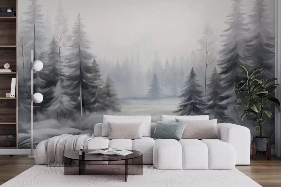 wall murals Текстурирано зимско шумско дрвеће у магли, у пригушеним сивим и белим тоновима w09745