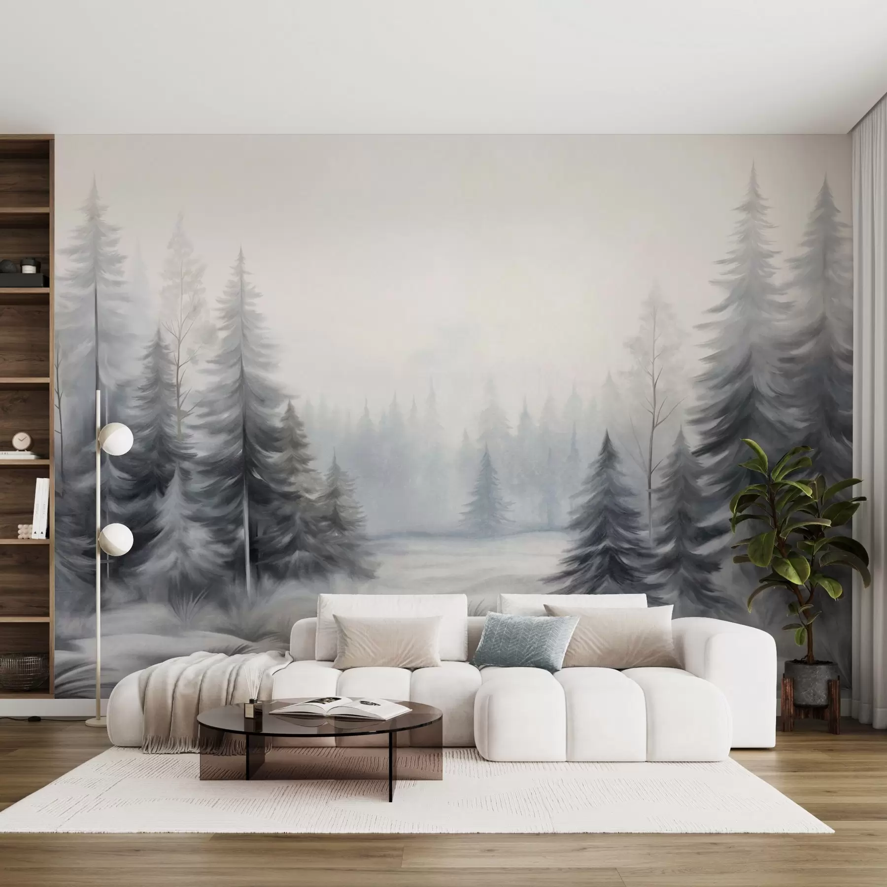 wall murals Текстурирано зимско шумско дрвеће у магли, у пригушеним сивим и белим тоновима w09745