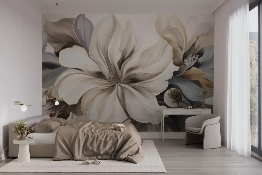 wall murals Велики, кремасти цветови магнолије са смеђим и сивим листовима, меко осветљење, апстрактна позадина w09749