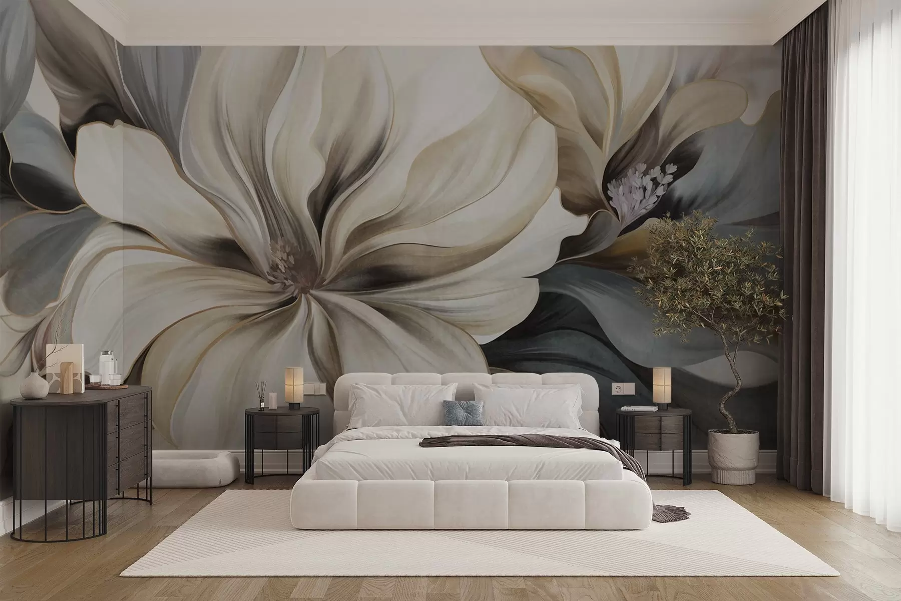wall murals Велики, кремасти цветови магнолије са смеђим и сивим листовима, меко осветљење, апстрактна позадина w09749