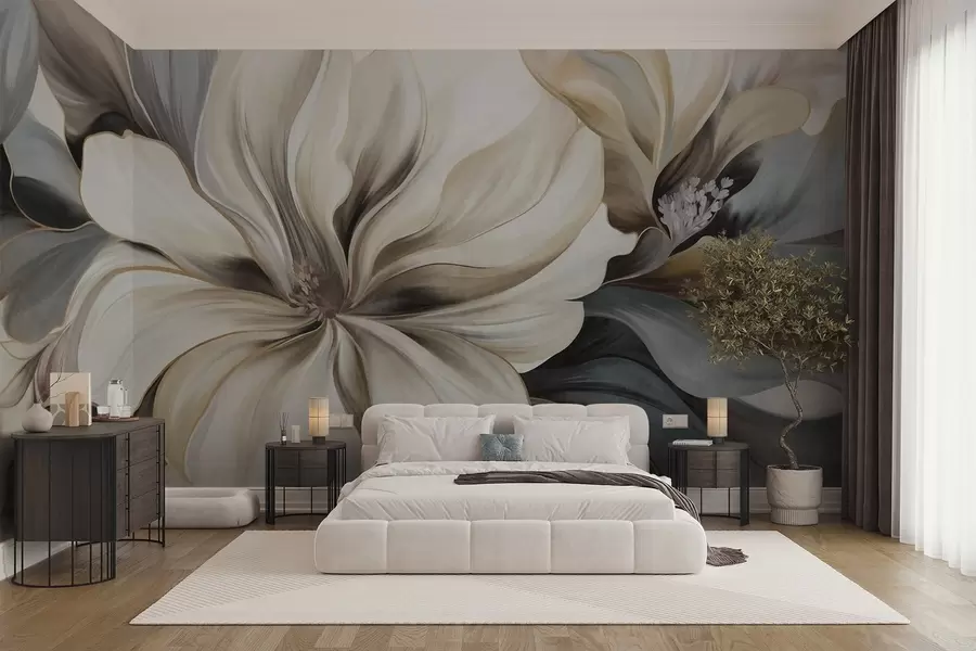 wall murals Велики, кремасти цветови магнолије са смеђим и сивим листовима, меко осветљење, апстрактна позадина w09749