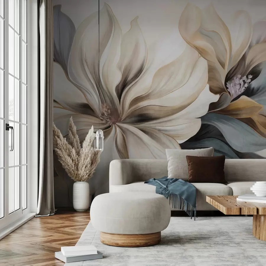 wall murals Велики, кремасти цветови магнолије са смеђим и сивим листовима, меко осветљење, апстрактна позадина w09749