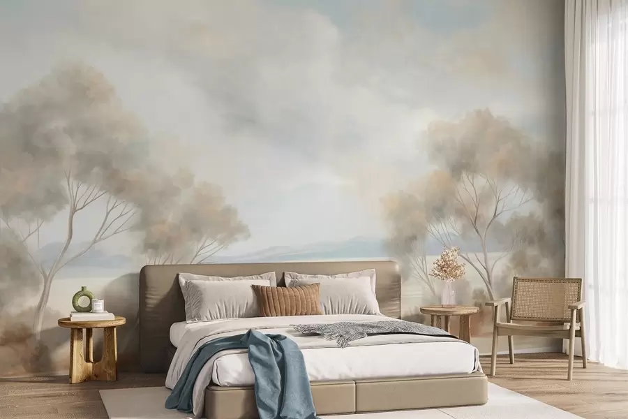 wall murals Стил сликања текстурираног пејзажа са дрвећем под облачним небом w09753