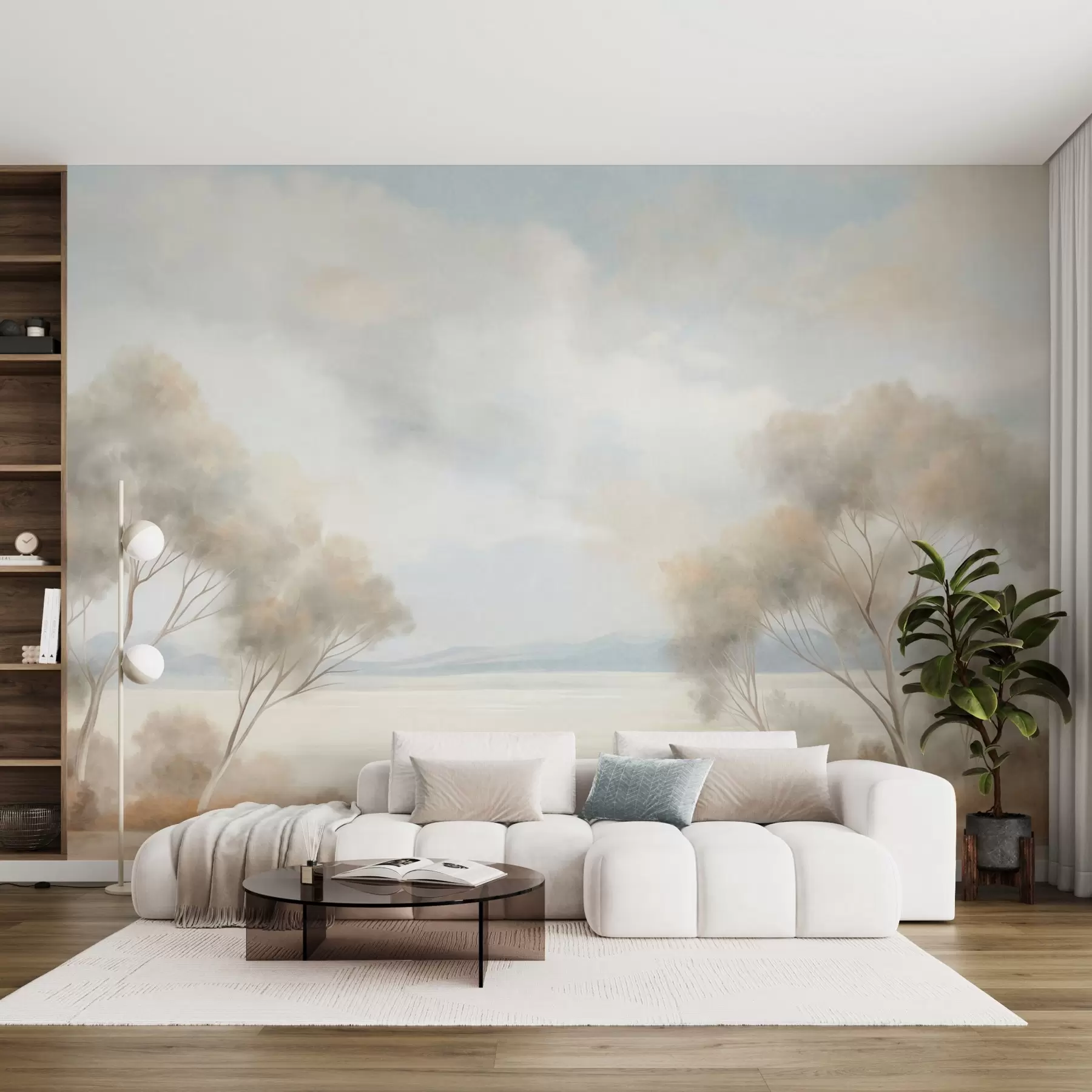 wall murals Стил сликања текстурираног пејзажа са дрвећем под облачним небом w09753