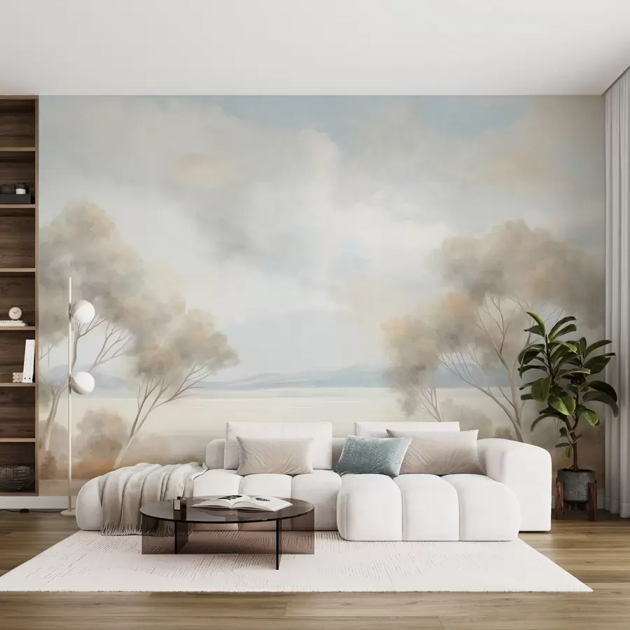 wall murals Стил сликања текстурираног пејзажа са дрвећем под облачним небом w09753