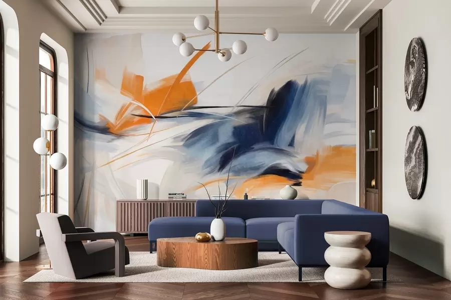 wall murals Апстрактни стил сликања са наранџастим и плавим текстурираним потезима четкице w09755
