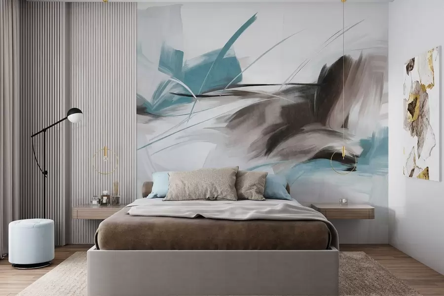 wall murals Апстрактни стил сликања са смеђим и плавим текстурираним потезима четкице w09755v1