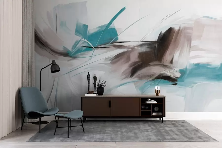 wall murals Апстрактни стил сликања са смеђим и плавим текстурираним потезима четкице w09755v1