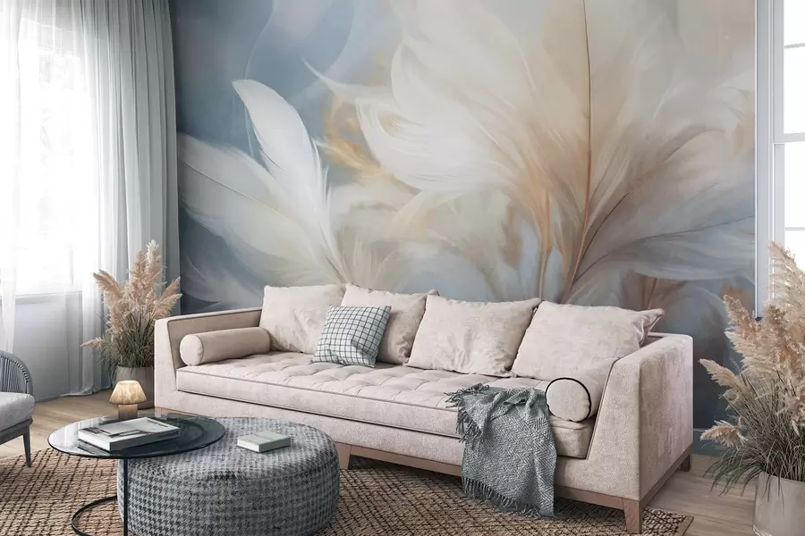 wall murals Текстурирано меко, бело перје и замућена пампас трава са плаво-белом позадином w09758