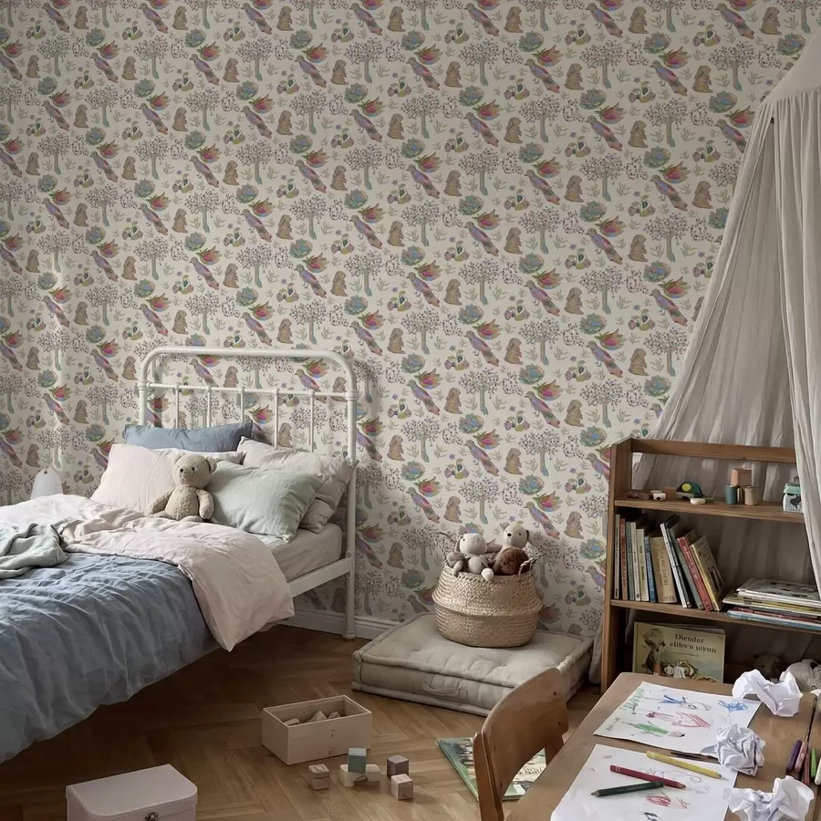 wall murals Шарени дечији узорак са птицама и зечевима a01127