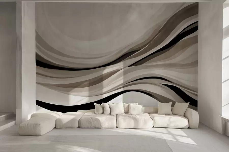 wall murals Апстрактне таласасте линије у нијансама беж и црне на светлој позадини, текстурирана уметност w09748